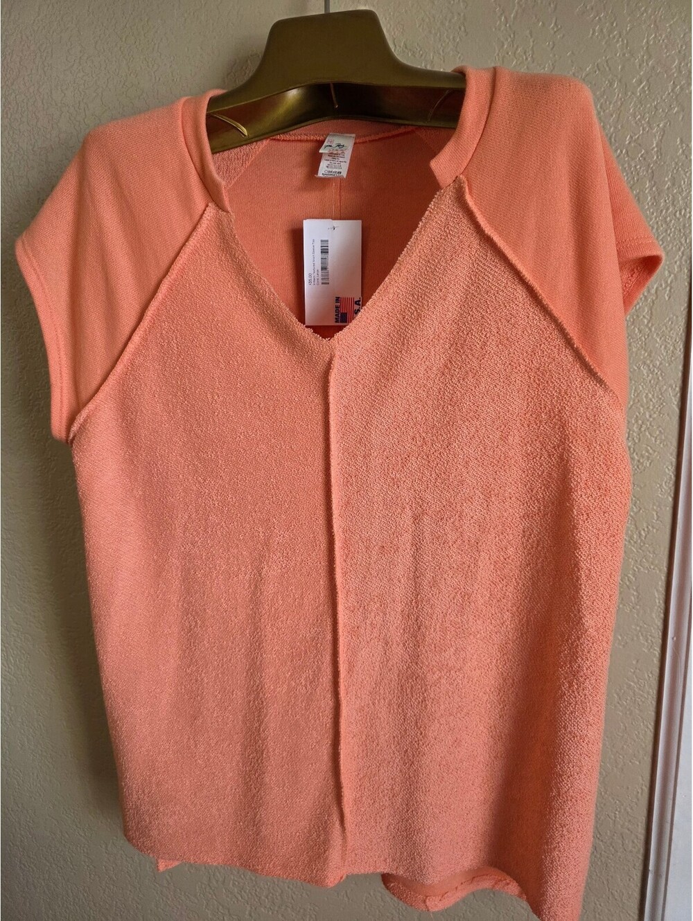 7th Ray Casual Oversized Peach Terry Cloth Raglan-Cut Cap Sleeve Shirt Top L